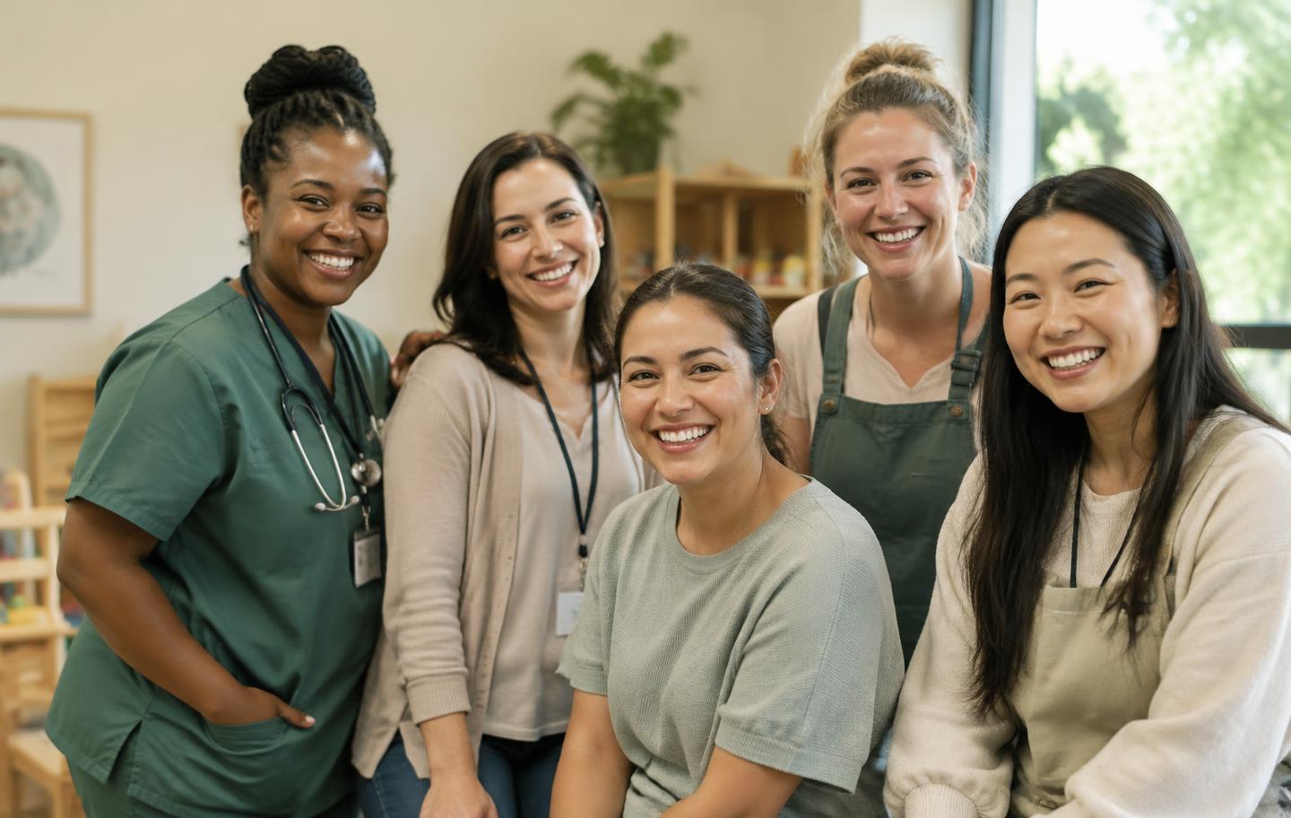 Nurses and childcare teachers smiling together